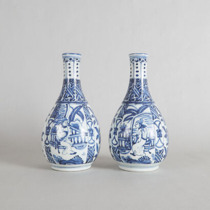 A Pair of Chinese Ming Dynasty Blue and White 'Figural and Floral' Vases