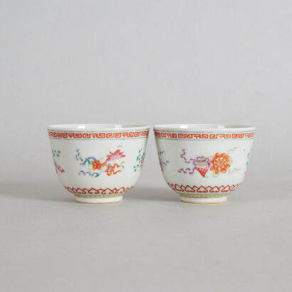A Pair of Chinese Famille Rose 'Auspicious' Cups (Da Qing Tongzhi Nian Zhi Mark)