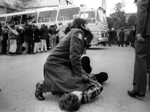 A protester is restrained after a scuffle outside Rutherford Park