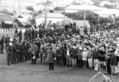 Anti-tour protesters and police officers gathered in central Wellington en route to Athletic Park