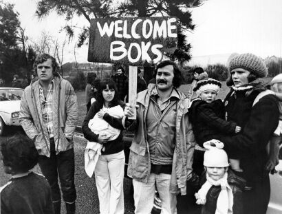 Pro-tour demonstrators gather to show their support ahead of the match in Gisborne