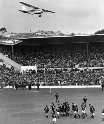 The low-flying plane sweeps over Eden Park during the final test match between the Springboks and All Blacks