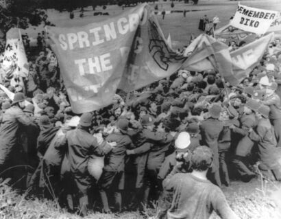 Police and anti-apartheid demonstrations outside match between South Africa and Poverty Bay