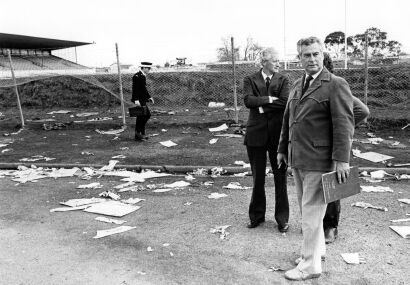 Inspectors Davies and Walton survey the damage outside Eden Park