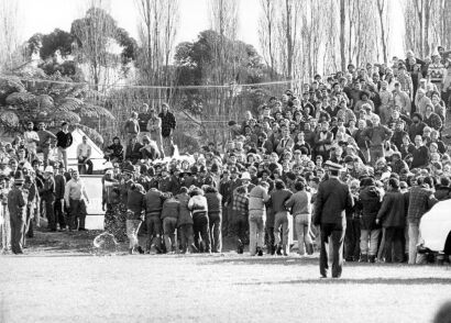 Protesters leaving the field after a confrontation with police