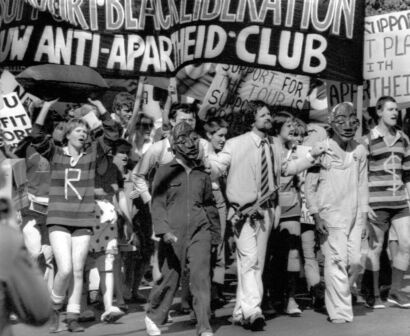 Protesters outside the NZRU annual meeting in Wellington