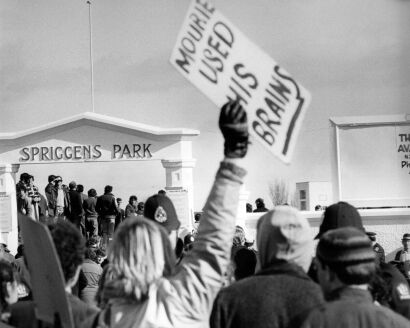 Anti-tour demonstrators gather at Spriggens Park