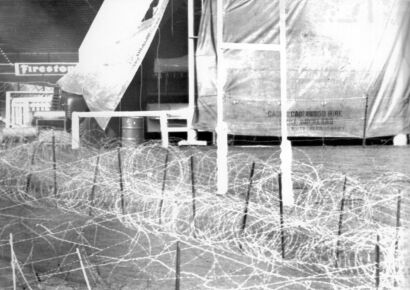 Barbed wire barriers in place at Eden Park