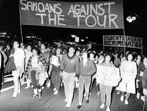 Protesters gathered in the street for the No Tour March in Auckland