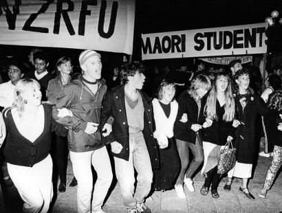 Protesters gathered in the street for the No Tour March in Auckland