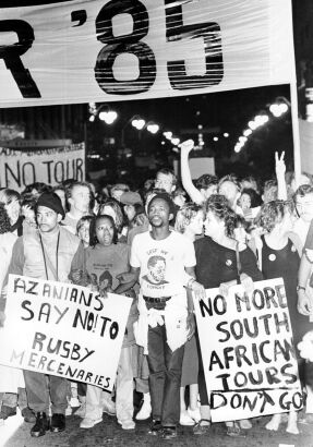 Protesters gathered in the street for the No Tour March in Auckland