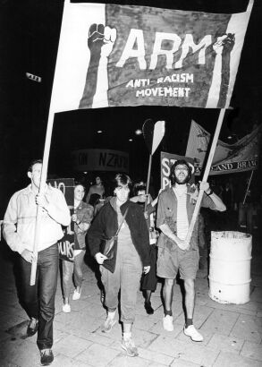 Protesters gathered in the street for the No Tour March in Auckland