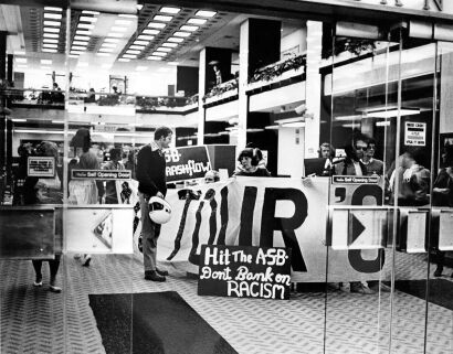 Protest against ASB backing schoolboy rugby by anti-tour protestors at main Queen Street branch