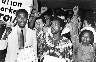 Protesters march up Queen Street in Auckland in opposition to the 1985 All Blacks tour of South Africa