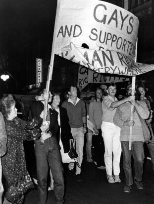 Gay rights activists join the anti-tour protest march in Auckland