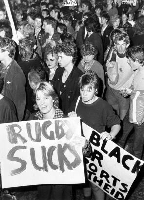 Protesters march up Queen Street in Auckland in opposition to the 1985 All Blacks tour of South Africa