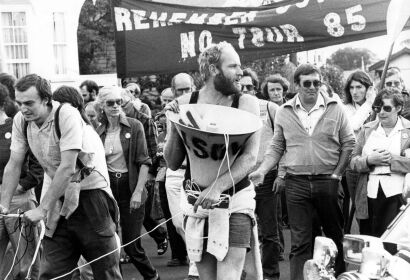 Anti-tour protesters march in the streets during 1985 protests