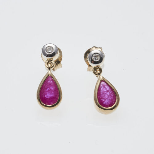 9ct Pear Shape Ruby and Diamond Drop Earrings