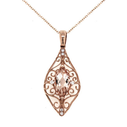 9ct Rose Gold Morganite Filigree Marquise Pendant