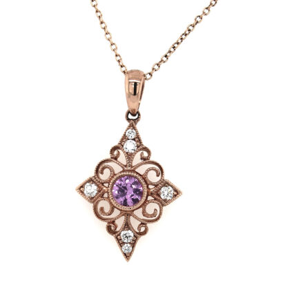 9ct Rose Gold Pink Sapphire and Diamond Filigree Pendant