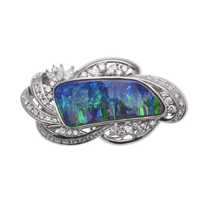 Platinum Opal and Diamond Brooch