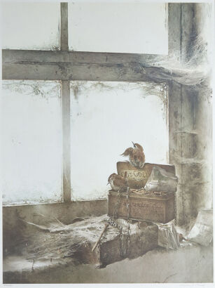 RAYMOND CHING Wrens on a Box in Window