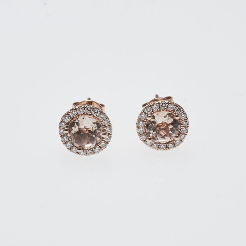 9ct Rose Gold Morganite and Diamond Halo Stud Earrings