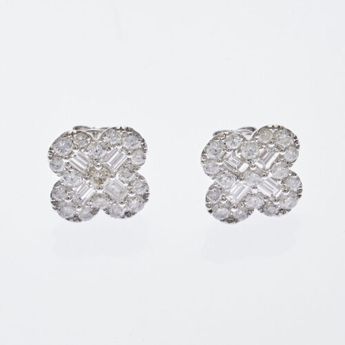 18ct White Gold Diamond Four Leaf Clover Cluster Stud Earrings