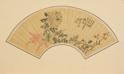 A Chinese Late Qing Dynasty Painting on Silk Fan - Chrysanthemum