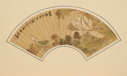 A Chinese Late Qing Dynasty Painting on Silk Fan - Lotus