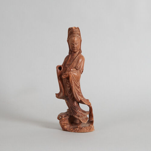 A Chinese Wood Carved Guanyin Statue