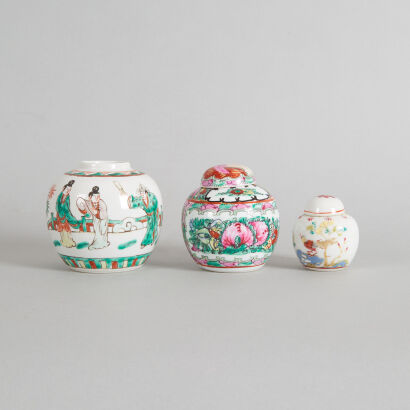 A Chinese Famille Verte 'Figural' Jar & A Chinese Canton Famille Rose Jar & A Chinese Famille Rose 'Floral and Bird' Jar