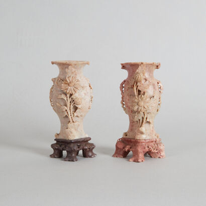 A Pair of Chinese Soapstone Carved 'Floral' Vase