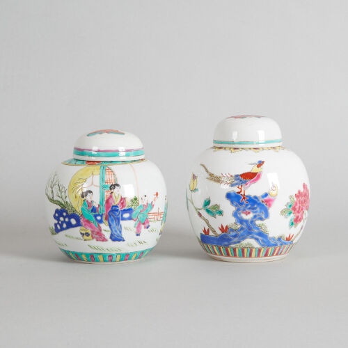 A Chinese Famille Rose 'Figural' Lidded Jar & A Chinese Famille Rose 'Floral and Bird' Jar