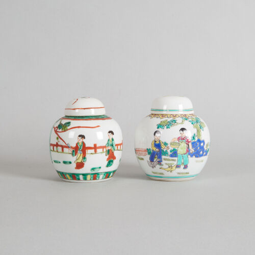 A Chinese Famille Verte 'Figural' Lidded Jar & A Chinese Famille Rose 'Figural' Lidded Jar