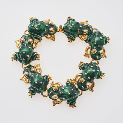 Kenneth Jay Lane Green Enamel Frog Bracelet