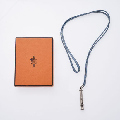 Hermes Silver Dog Whistle on Blue Leather Strap