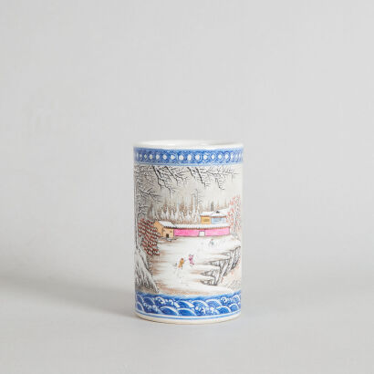 A Chinese Underglaze-Blue and Famille Rose Brush Pot (Jingdezhen Ceramic Research Institute, 1960)