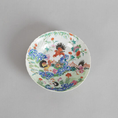 A Chinese Qing Dynasty Qianlong Period Famille Rose 'Rooster' Saucer (Qianlong Nian Zhi Mark)