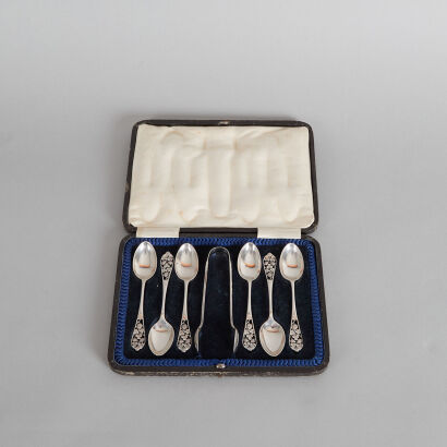 A Set of Six Edwardian silver Teaspoons and a Pair of Tongs