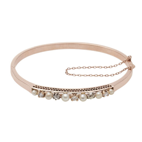 18ct Rose Gold Vintage Pearl and Diamond Bangle