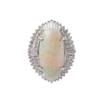 Platinum Opal and Diamond Cluster Ring