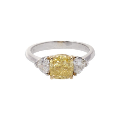 Important 18ct Fancy Vivid Yellow Diamond Three Stone Ring