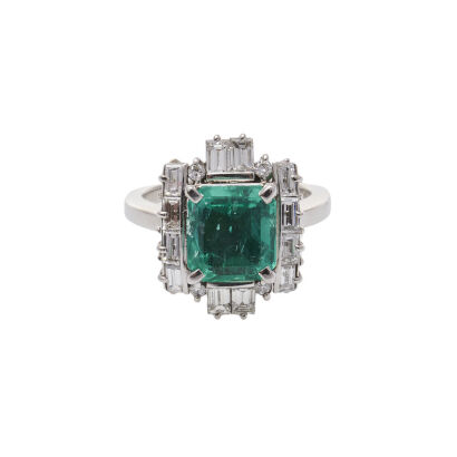 Traditional Platinum Emerald and Diamond Cluster Dress Ring