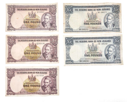 Five New Zealand Pre-Decimal Banknotes