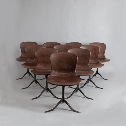 A Set of 10 Bronze and Leather Dining Chairs by Belgian P. Tendercool