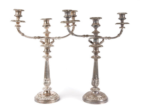 A Pair of Sheffield Plate Three-Light Candelabras