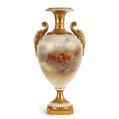 A Royal Worcester Highland Cattle Urn Vase by Harry Stinton