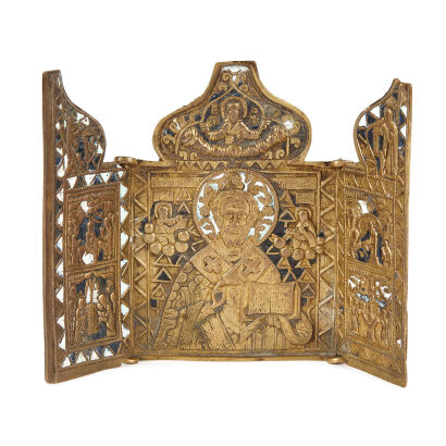 A Russian Brass and Blue Enamel Triptych Travelling Icon