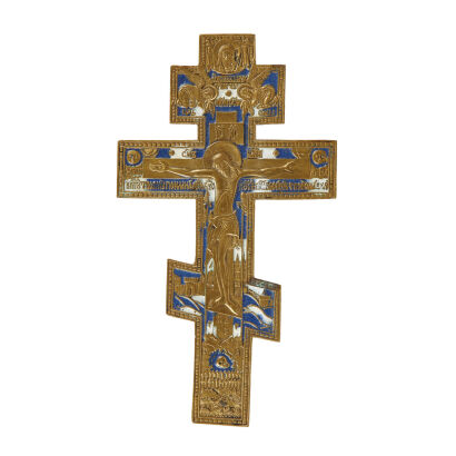 An Orthodox Bronze and Enamel 'Blessing Cross' Crucifixion Icon